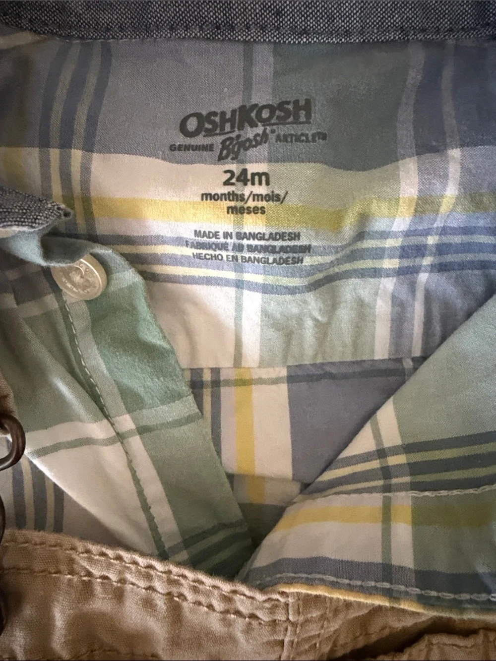 OshKosh B'gosh Tan Toddler Overalls with Blue & Green Plaid Undershirt 24 Month